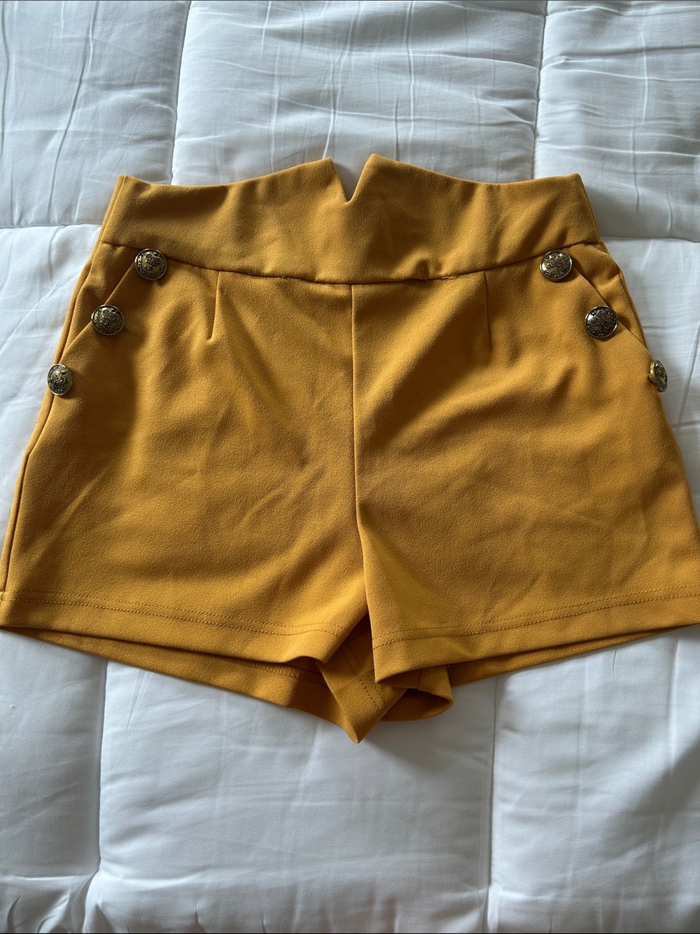 like an angel High-Waist Mustard Shorts with Decorative Buttons
